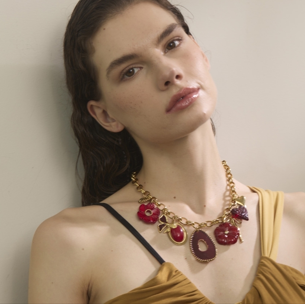 Gold and Red Charm Necklace Floral Heart Flower | NWOT